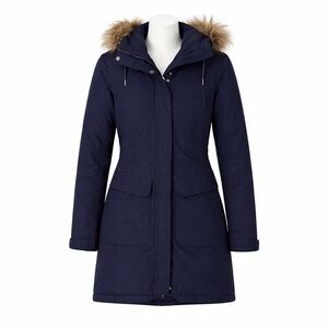 Size S Helly Hansen Women’s Aden Insulated Parka Navy Faux Fur Hood